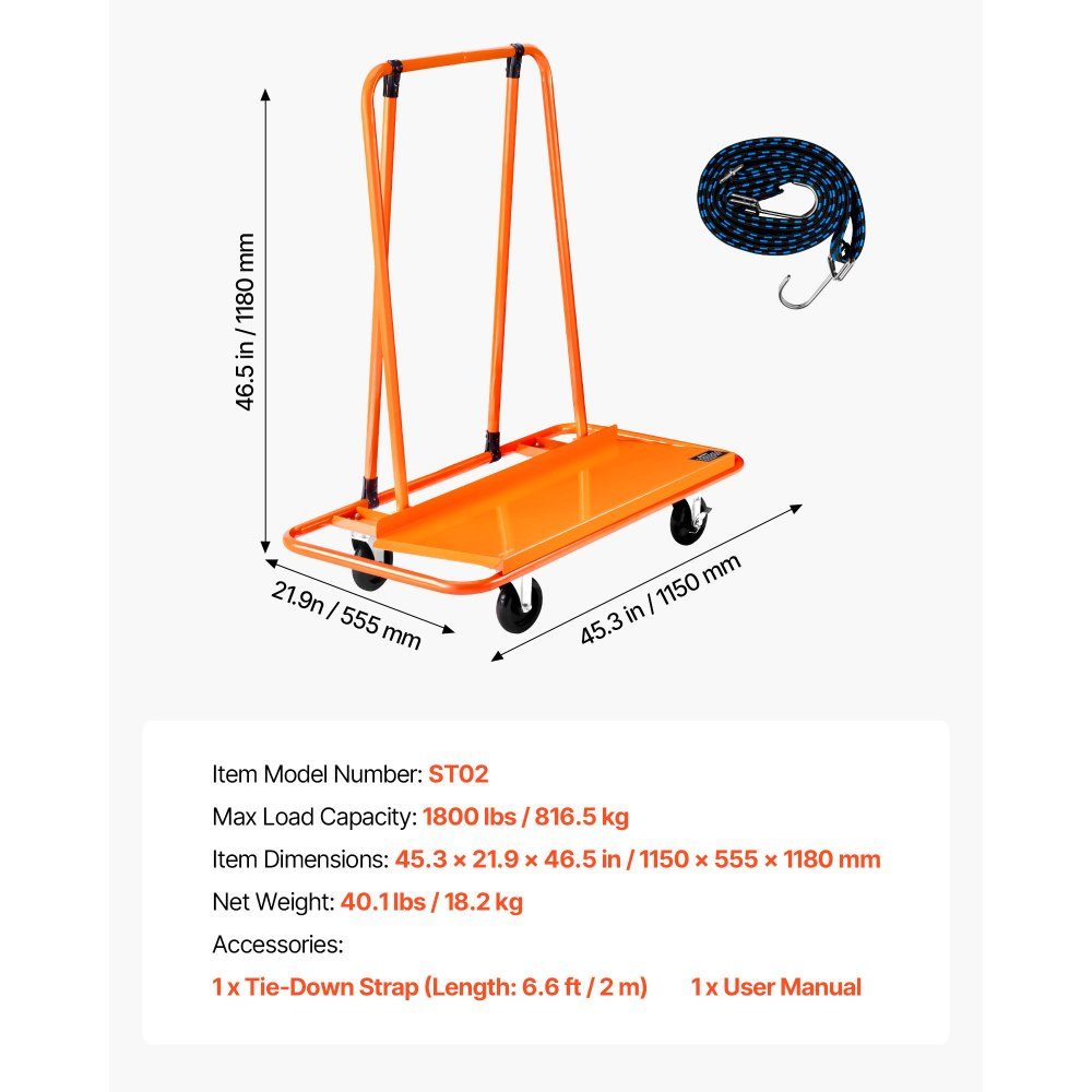 Plattenwagen, 816 kg Tragkraft, Transportwagen mit 4 Lenkrollen, Plattenwagen, Plattenwagen mit Spanngurt, Transporthilfe für Sperrholz, Gipskarton, Glas, Orange, 1150x555x1180 mm