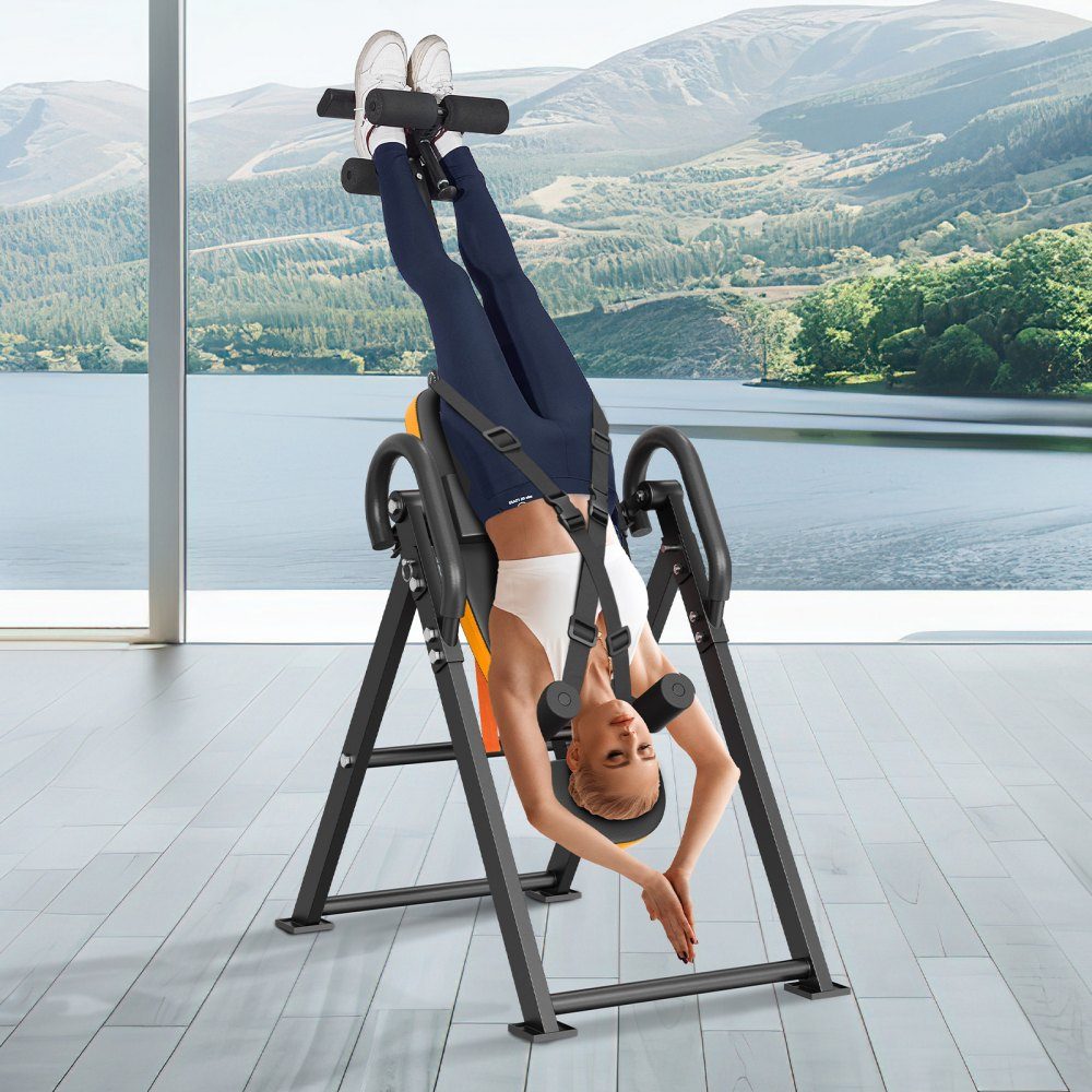 Inversion table, inversion bench, 136 kg load capacity, multifunctional back trainer, foldable strength training device with headrest, ankle lock, adjustable protective belt, orange/black