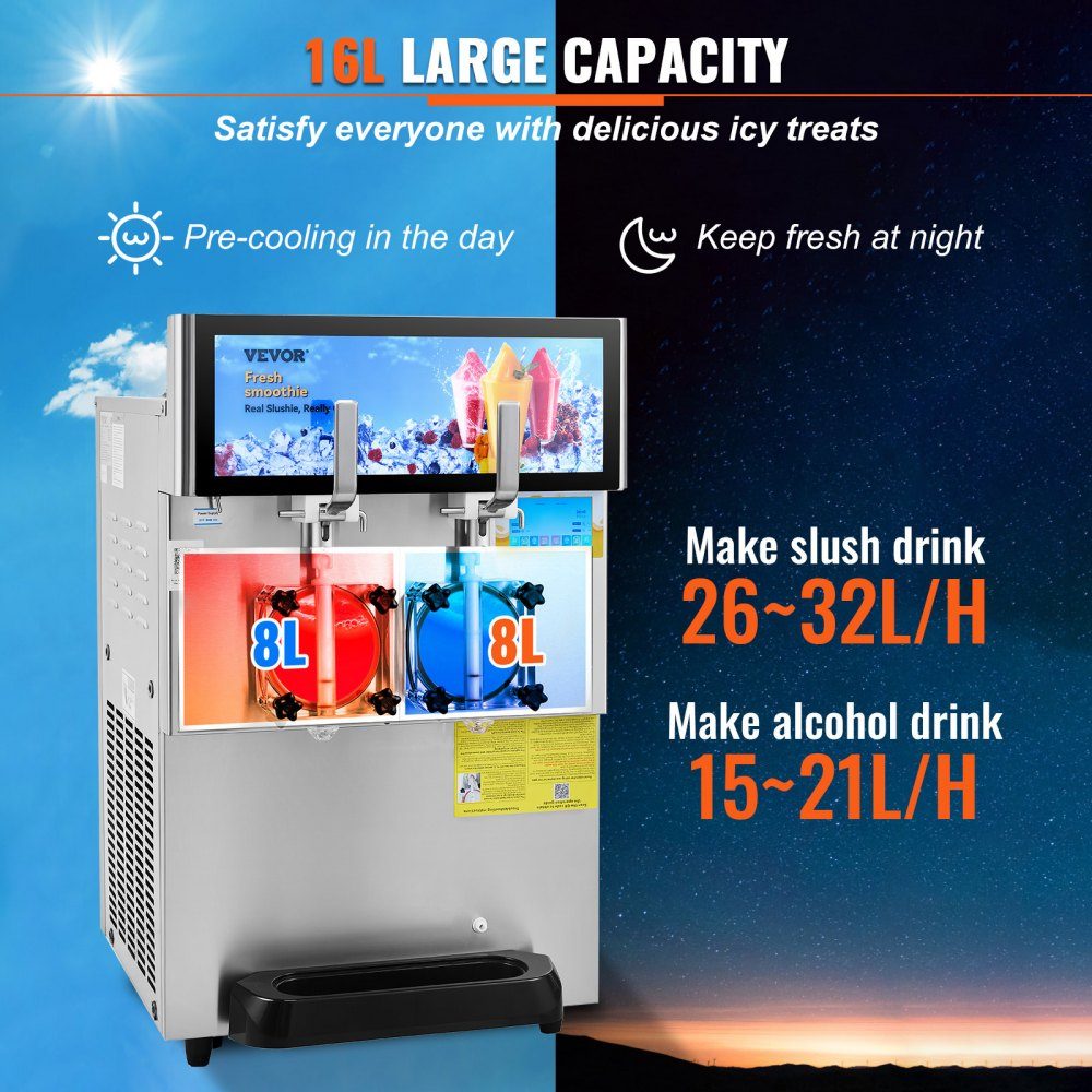 8L x 2 Kommerzielle Slush-Eismaschine, Slush-Maschine mit 26~32L/Std. Slush Slushy-Maschine, 1800 W Slush-Maker-Maschine 94 kg Slush-Eismaschine Edelstahl Slushy-Maschine 570 × 680 × 925 mm