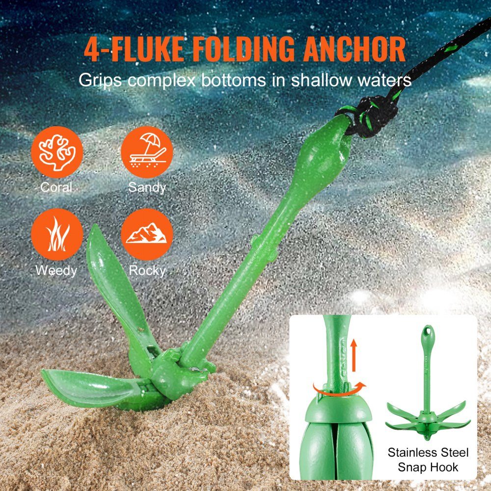 Kajak-Anker-Set, 3,5 lbs Paddle-Board-Anker-Set mit 8 m Seil und Boje, faltbarer kleiner Bootsanker mit Aufbewahrungstasche und Karabinerhaken, Kajak-Zubehör für Kajaks, kleine Boote, Kanus