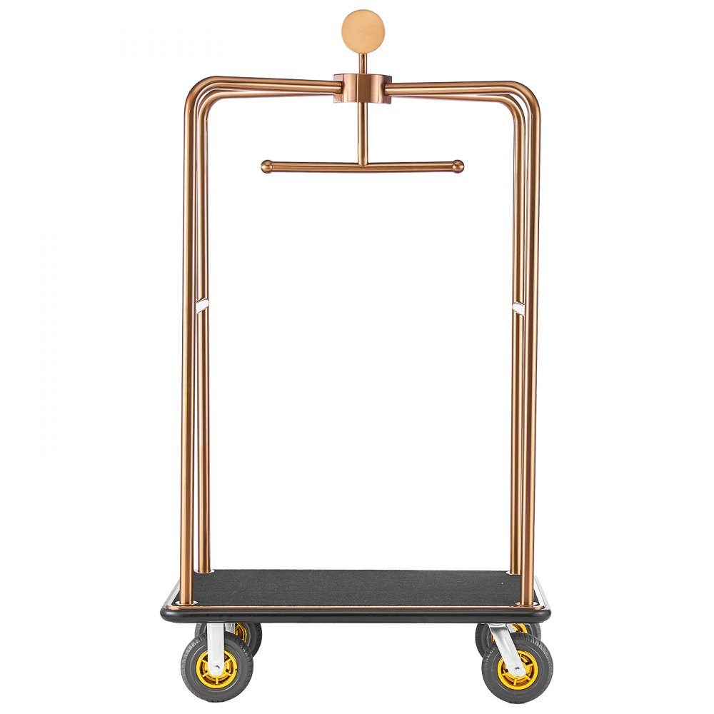 Chariot à bagages d'hôtel en acier inoxydable, chariot à bagages robuste de 1 000 livres avec roues en caoutchouc de 8", chariot d'hôtel avec tapis noir et porte-manteau, chariot à bagages pour hôtels et centres de villégiature, or rose – Réf. HT-23183