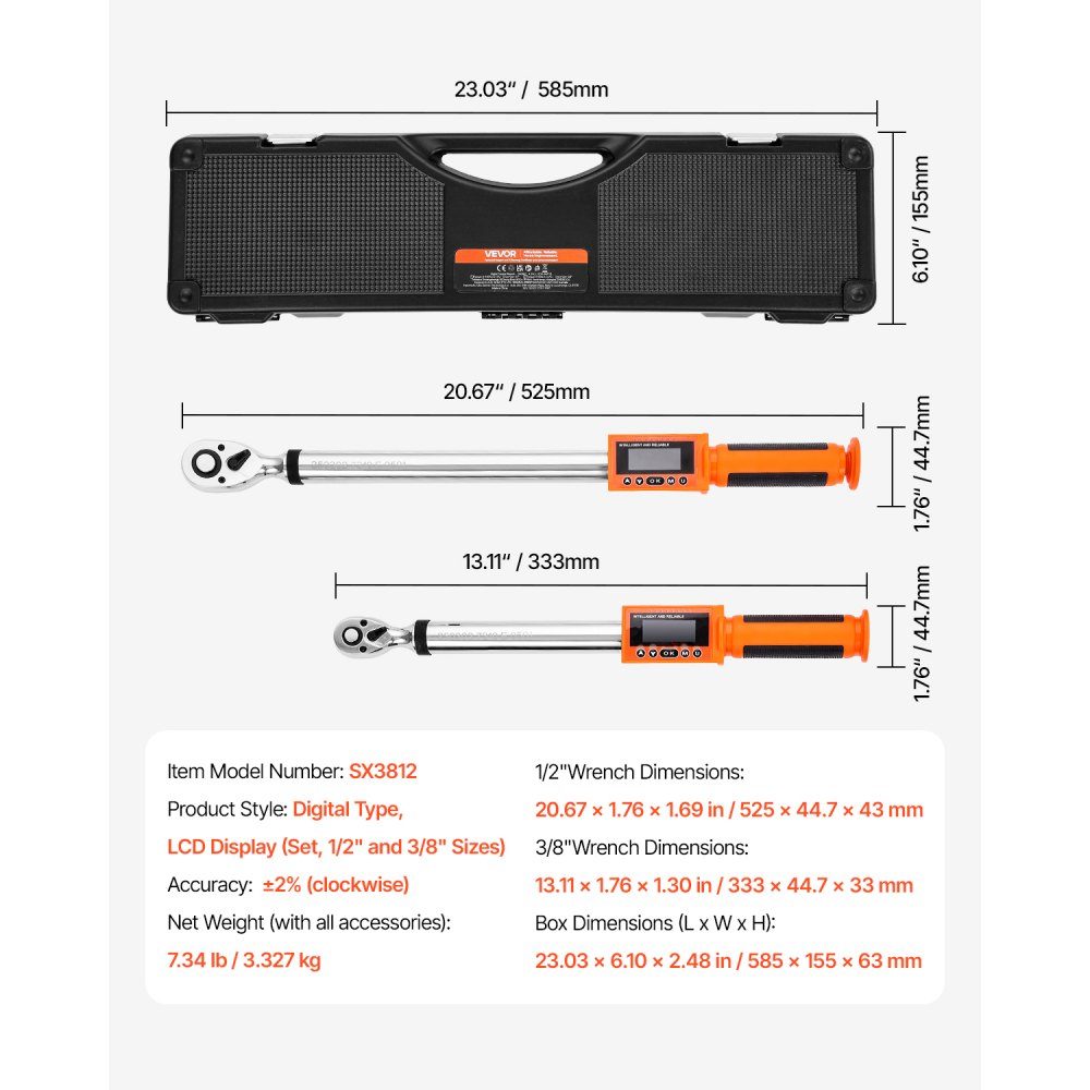 1/2 3/8" Drive Digital Torque Wrench Set, 72 Teeth ±2% Precise Electronic Torque Wrench with Preset Value, Buzzer and LED Notification, Car Repair