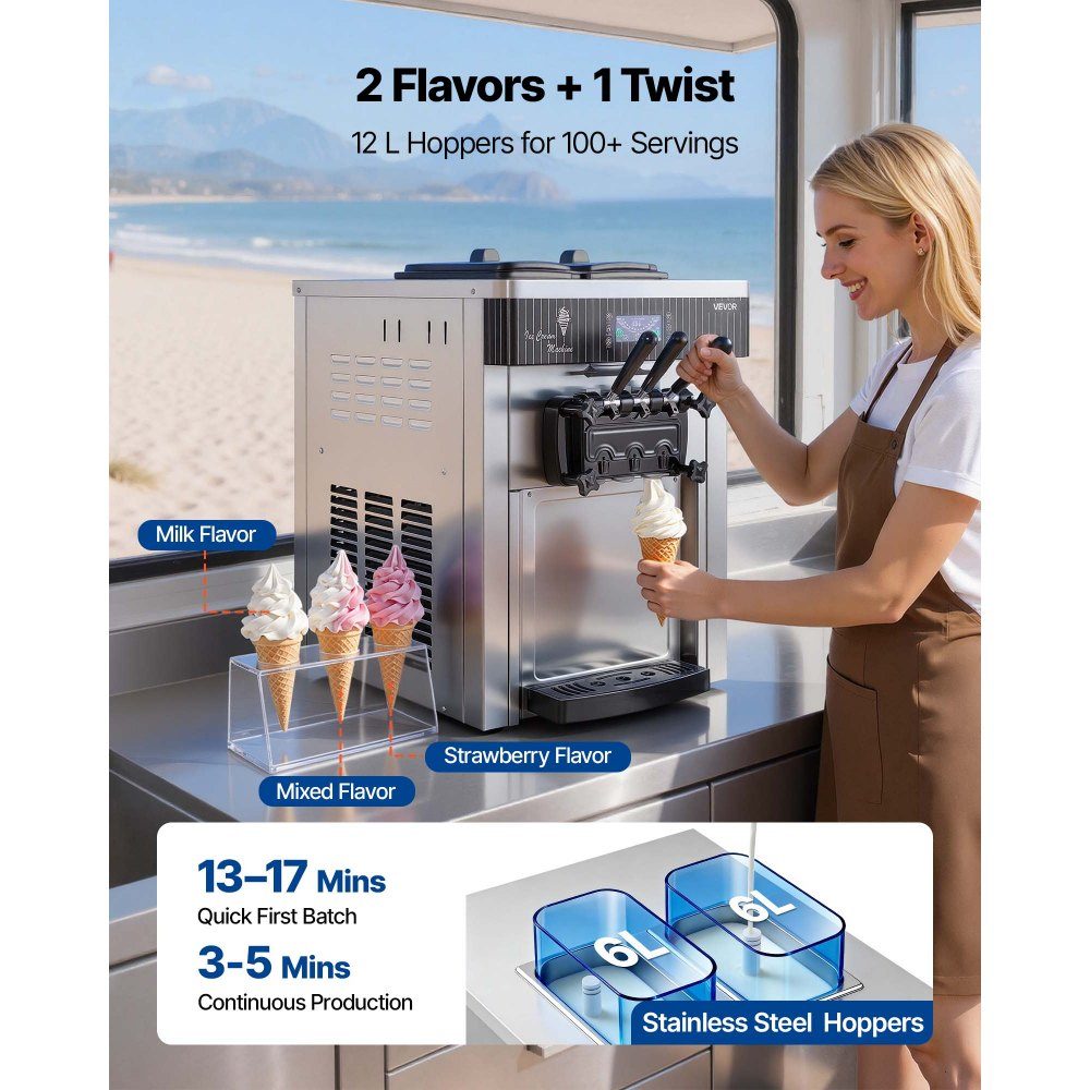 Commercial ice cream machine 20-28 L/h output, soft ice cream machine 2200 W with 2 x containers (6 L), pre-cooling, self-cleaning and LED display, table device for snack bars, dessert shops and cafes, silver