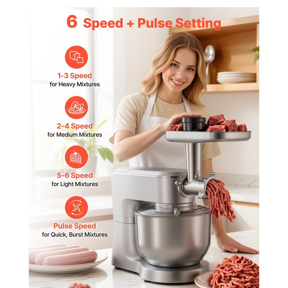 Multifunctional electric food processor 1500 W with stainless steel bowl (6 l) and mixing cup (1.5 l), kneading machine, dough mixer with 6+P speeds, dough hook, whisk and beater