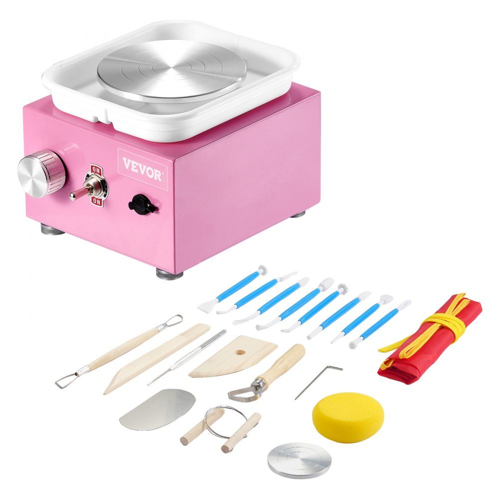 Mini Pottery Wheel 0-320RPM Adjustable Speed ​​Detachable Basin Molding Machine 2.5"/3.9" 2 Turntables Electric Ceramic Pottery Wheel 18 Pieces Accessories for Arts and Crafts DIY Pink