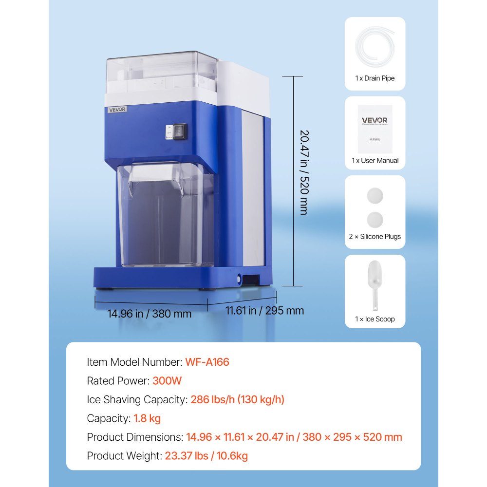Commerciële ijsscheermachine Sneeuwkegelmachine 1,8 liter Fijn en pluizig mit 300-W-Motor en roestvrijstalen messen Commerciële ijsbreker voor dessertwinkel Familiebijeenkomst Restaurant Blauw