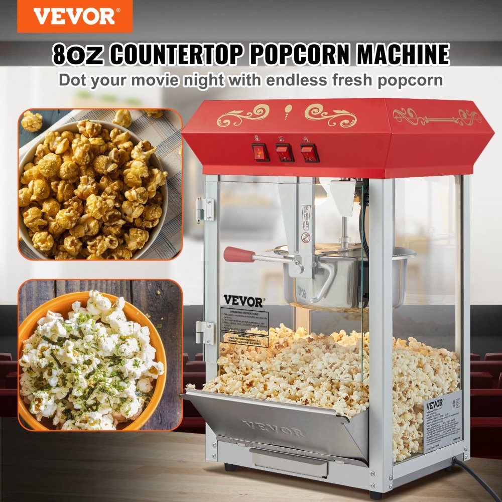 Machine à pop-corn Machine à pop-corn Machine à pop-corn 850 W, bouilloire de 8 oz pour 48 tasses par charge, machine à pop-corn de comptoir avec verre trempé, comprend une machine de style cinéma à 4 boules