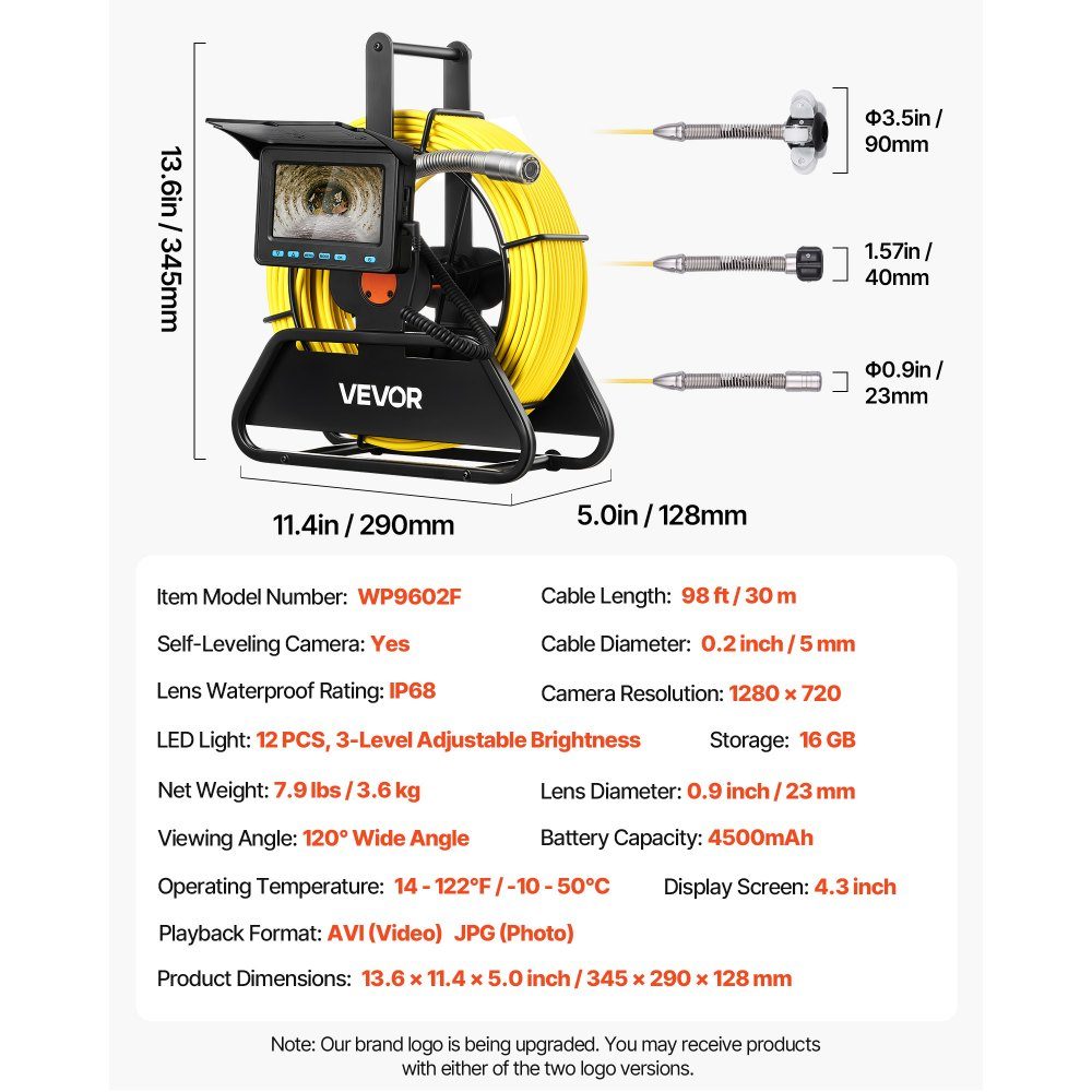 Rioolcamera, 30 m zelfnivellerende pijpcamera met 4,3" HD-display, waterdichte (IP68) inspectiecamera met verlichting (12 LED's en 16 GB geheugenkaart) voor rioolbuizen en pijpen