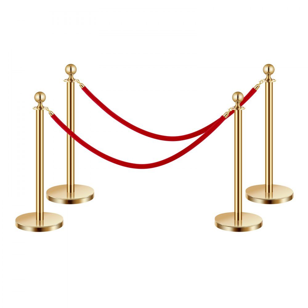Afzetpalen (4 stuks) voor crowd control met 2 rood fluwelen touwen (1,5 m lang), RVS slagboomstandaard met hervulbare voet voor tentoonstellingen Golden