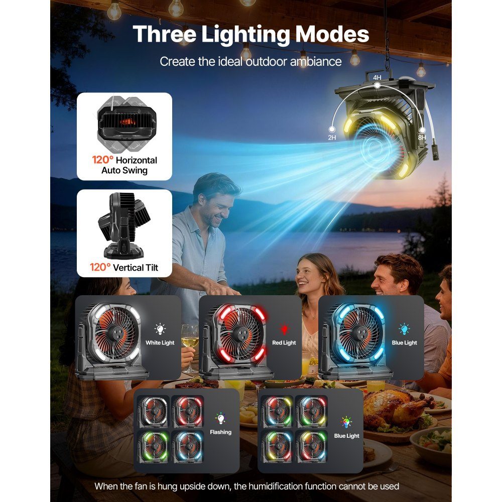 Ventilateur de camping, moteur 2700 tr/min, ventilateur brumisateur avec réservoir d'eau de 9 L, batterie 10 000 mAh, 4 niveaux de vent et 5 modes d'éclairage, ventilateur sur pied portable pour le camping, la pêche et les voyages – Réf. HT-24327