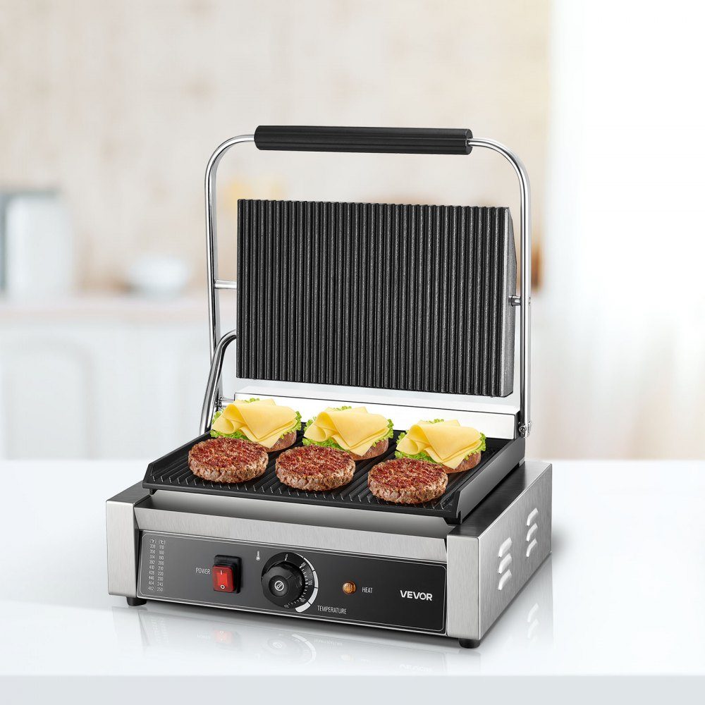 Commercial Panini Grill, Contact Grill 2200 W, for Sandwiches, Steak, Bacon, Hamburgers, Sandwich Maker, Stainless Steel Press Grill with Handle & Temperature Controller & 34 x 23 cm Heating Plate, Panini Press
