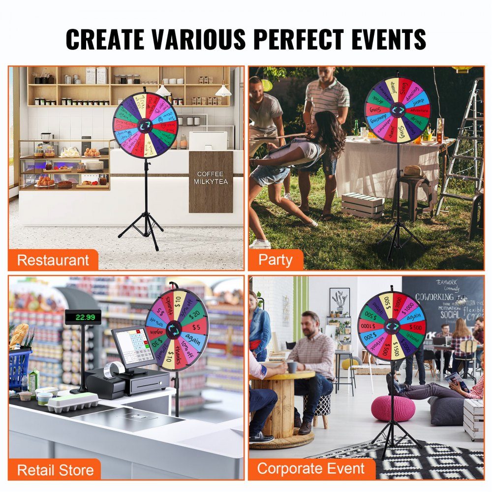 Roue de la Fortune (601 mm) avec 14 compartiments et support réglable en hauteur (1125-1530 mm) ainsi qu'une roue de roulette essuyable et un sac de rangement, une roue de prix rotative pour les fêtes, pubs, foires et foires