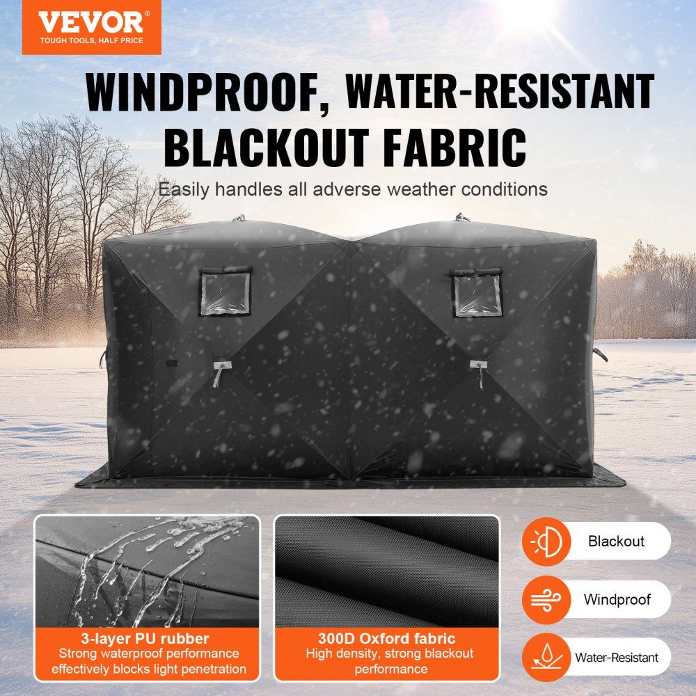 Portable Ice Fishing Tent, Pop Up Ice Fishing Tent for 6-8 People, 300D Oxford Fabric Fishing Tent, Fishing Umbrella, Ice Hut for Winter Fishing, Tent with Anchors/Rope/Carry Bag, 3.6x1.8x2m, Black