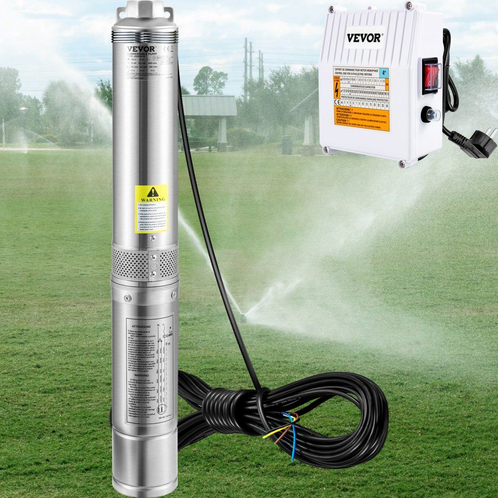 Pompe de puits profond de 101,6 mm Pompe de puits de 370 W Pompe submersible de 110 L/min Hauteur maximale de 44 m Pompe à tuyau Pompe à sable 230 V 50 Hz Pompe à eau en acier inoxydable Pompe 0-40 °C