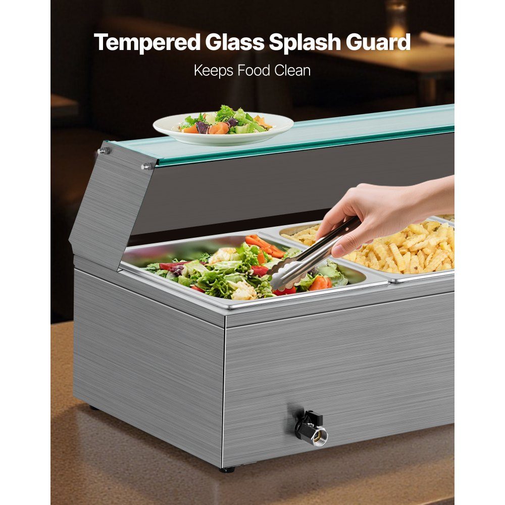 Commercial Food Warmer (3 Size 1/2 Containers), 1.5KW Stainless Steel Electric Warming Container with Glass Cover and Soup Ladle, Chafing Dishes for Catering Restaurant Parties