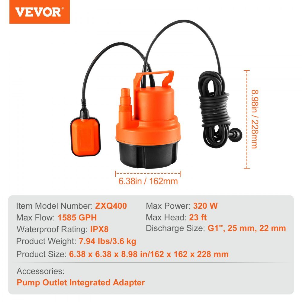 Water Pump 320W 6000L/H High Flow 7m Head Submersible Pump Multipurpose Portable Pump with 3m Power Cord for Pumping Water from Swimming Pool, Garden Pond, Basement