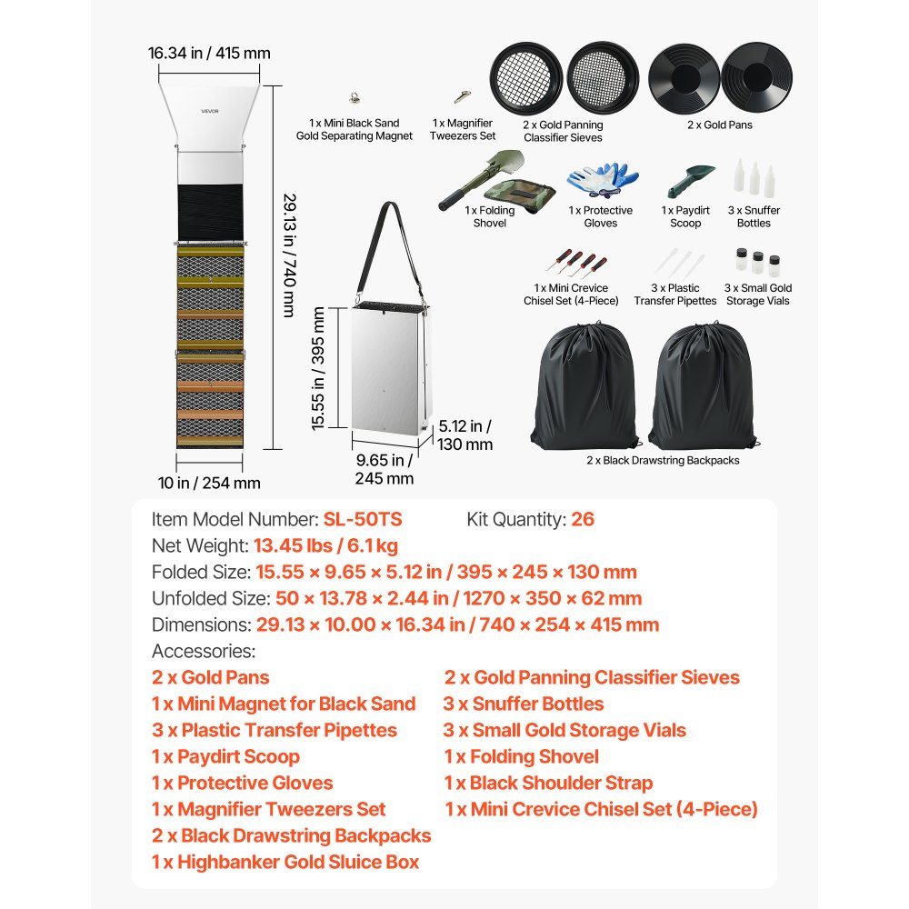 Highbanker Gold Panning Set 50" 3 in 1 Foldable Aluminum Alloy Gold Panning Trough 26 Pieces Portable Sharpening Set with Gold Pans Classifying Screen Magnet Backpack Accessories