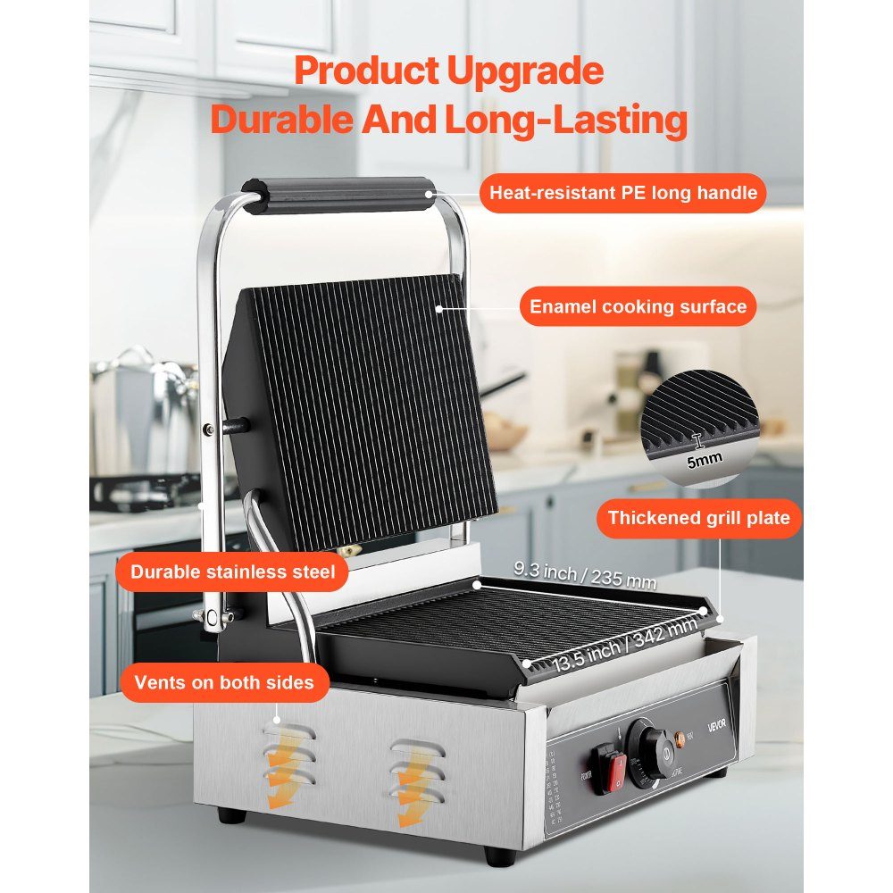 Commercial Panini Grill, Contact Grill 2200 W, for Sandwiches, Steak, Bacon, Hamburgers, Sandwich Maker, Stainless Steel Press Grill with Handle & Temperature Controller & 34 x 23 cm Heating Plate, Panini Press