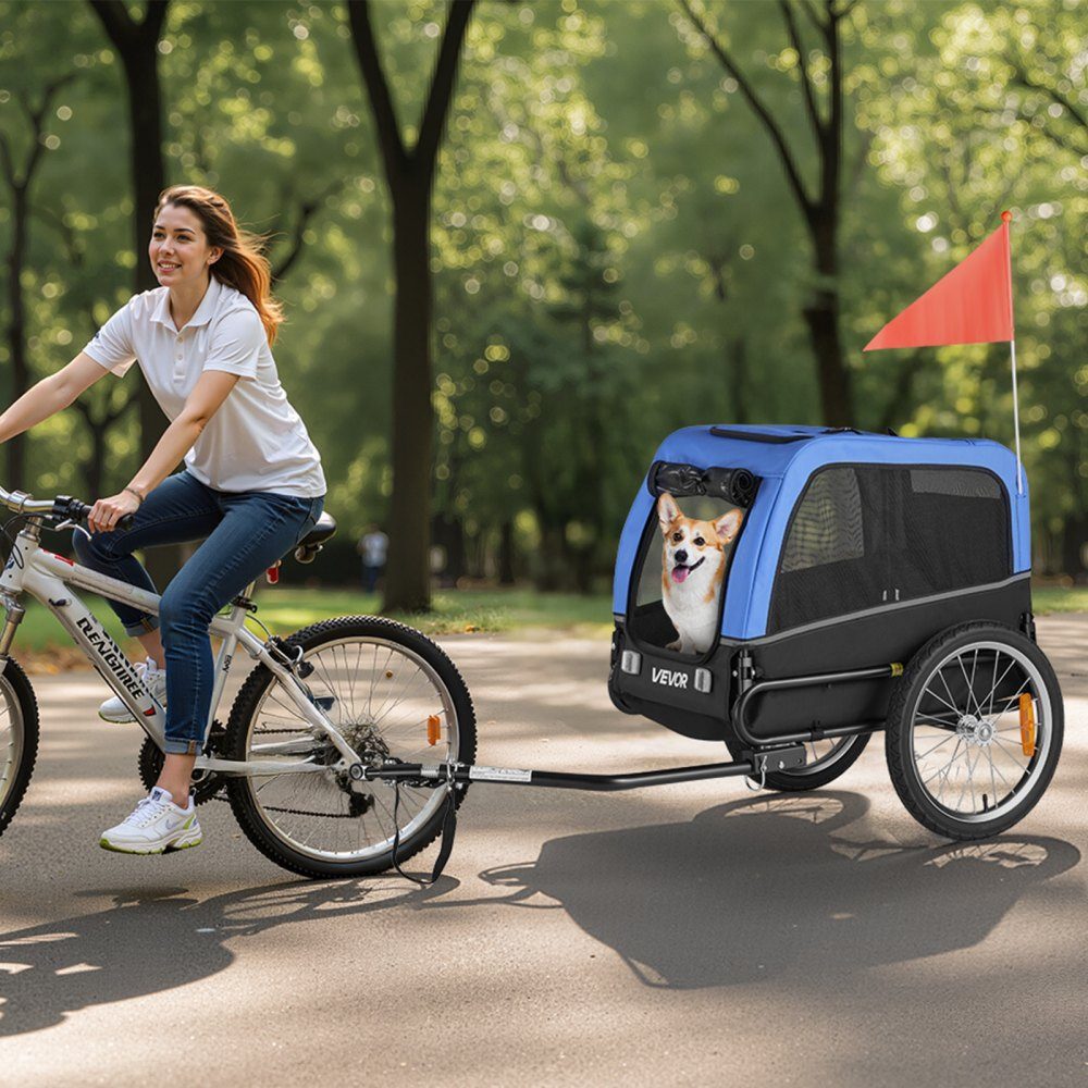 Dog trailer, supports up to 30 kg, bicycle trailer for small and medium dogs, folding frame with quick release wheel, universal bicycle hitch, reflector, flag, internal leash