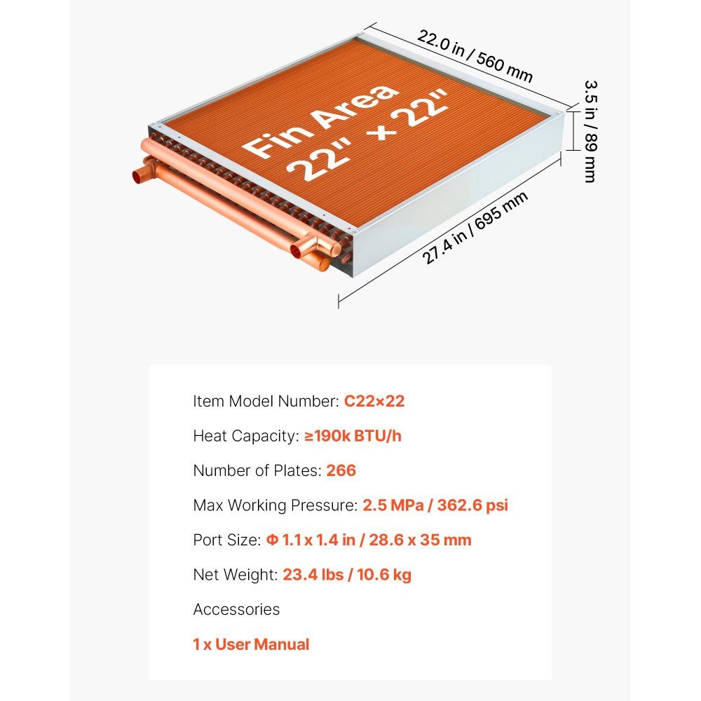Échangeur de chaleur à ailettes 559x559mm, échangeur de chaleur 55,7kW avec connexions en cuivre et ailettes en aluminium, échangeur de chaleur eau-air avec pression de service de 2,5 MPa, échangeur de chaleur pour chauffer et refroidir l'intérieur