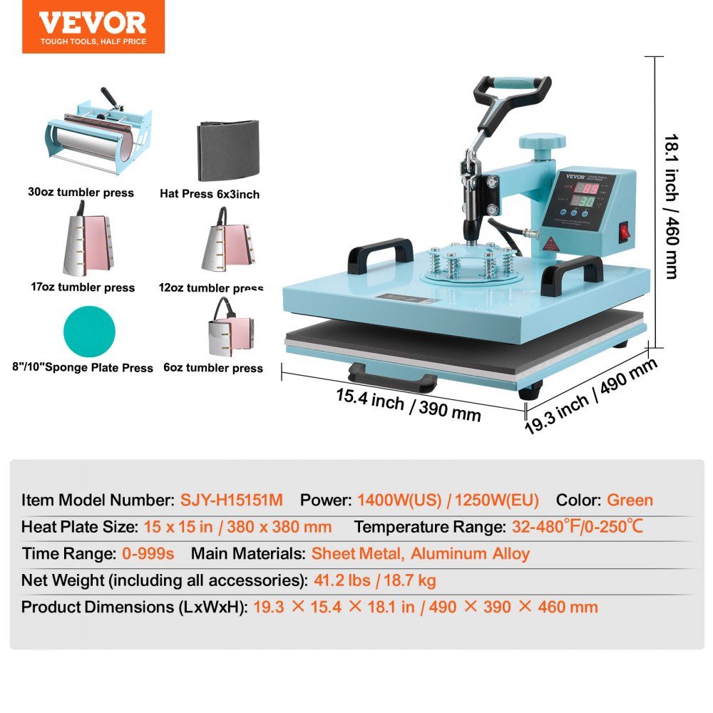 Heat Press Heat Press 38x38cm 8 in 1 Tumbler Press T-Shirts Green