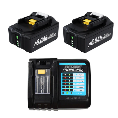 Set van 2x 6AH vervangende accu's met oplader voor Makita-modellen Set van 2x 6AH vervangende accu's met oplader voor Makita-modellen