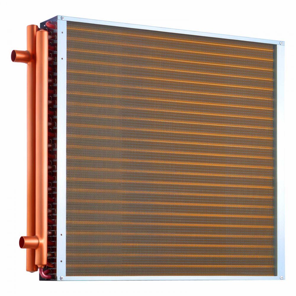 Échangeur de chaleur à ailettes 610x610mm, échangeur de chaleur 65,9 kW avec connexions en cuivre et ailettes en aluminium, échangeur de chaleur eau-air avec pression de service de 2,5 MPa, échangeur de chaleur pour chauffer et refroidir l'intérieur