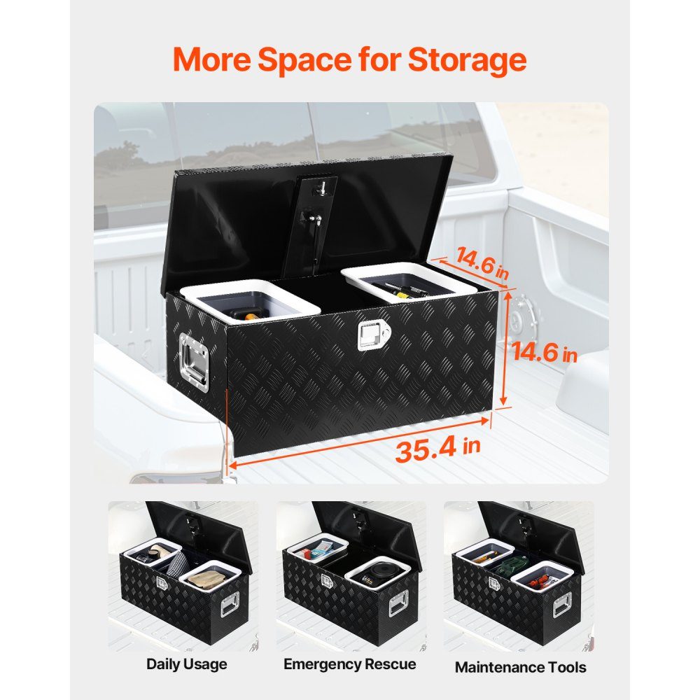 Aluminum Truck Bed Tool Box Striped Tool Box (899x370x370mm) with Side Handle and Pull Out Shelf Trailer Storage Organizer Black