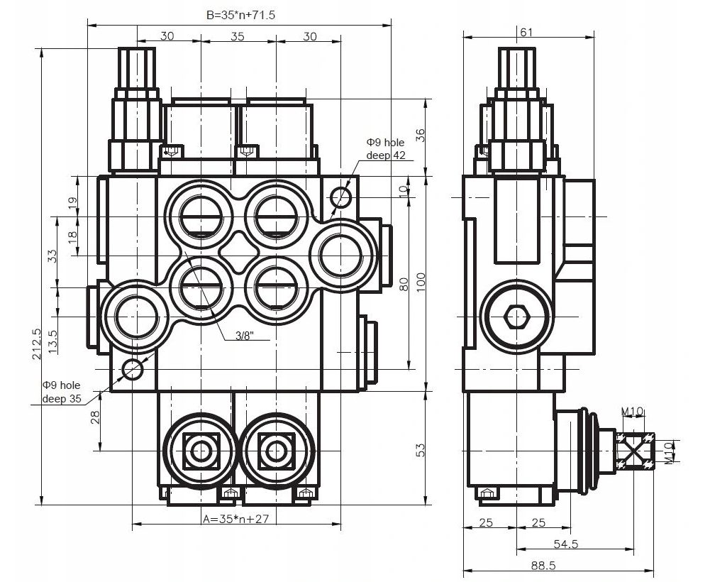 Distributeur hydraulique monobloc commande à levier 40l 04P40 4 compartiments