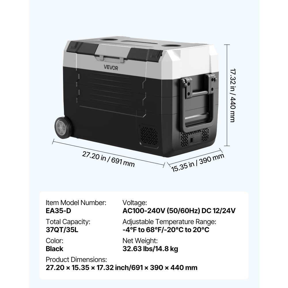 Compressor Cooler 12/24V DC 100-240V AC Car Fridge 35L with App Control & Wheels & 2 Temperature Zones (-20°C to 20°C) Portable Fridge for RV, Boat, Camping, Fishing