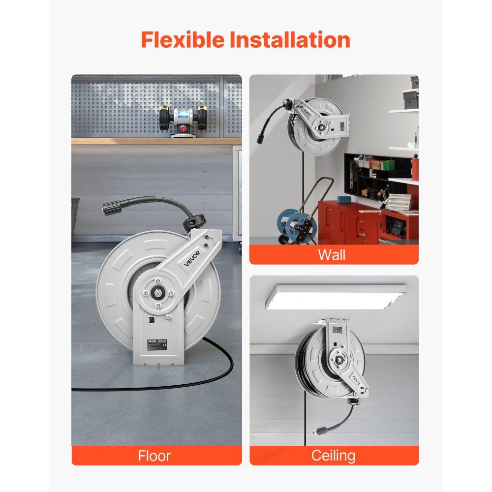 Hochdruckreiniger-Schlauchaufroller, 19,8 m x 6,35 mm, Stahlschlauchaufroller, 220 bar max. automatische Rückwicklung, flexible Wand-/Bodenmontage für Autowaschanlage, Gartenbodenreinigung