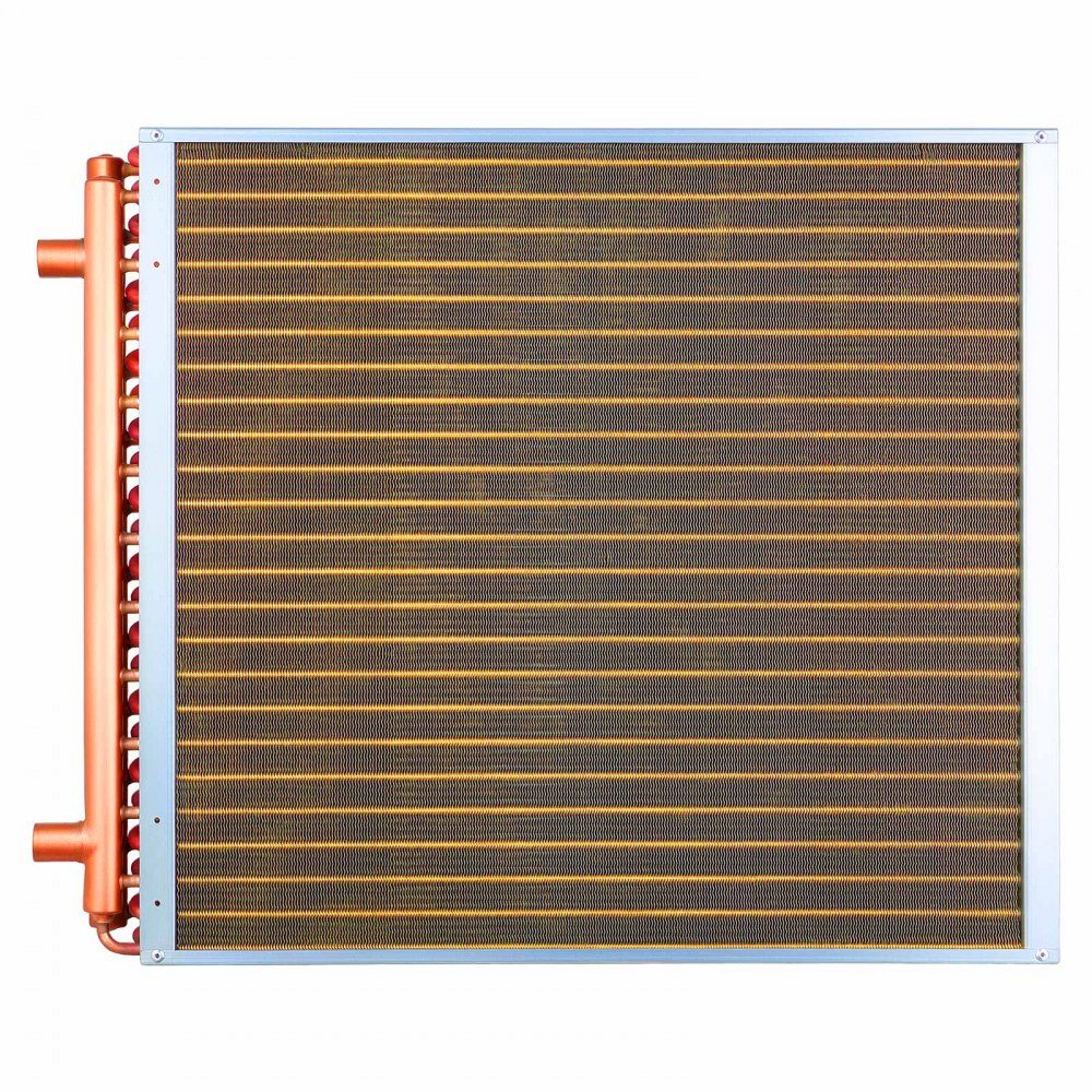 Échangeur de chaleur à ailettes 610x610mm, échangeur de chaleur 65,9 kW avec connexions en cuivre et ailettes en aluminium, échangeur de chaleur eau-air avec pression de service de 2,5 MPa, échangeur de chaleur pour chauffer et refroidir l'intérieur
