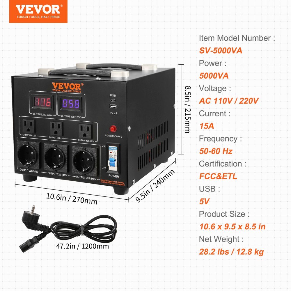 5000 W Spannungswandler-Transformator AC 110 V⇋220 V Transformator-Konverter 3x US NEMA 5-15R 3-polig / 3x europäische Shucko-Ausgangsbuchsen, 1x 5V USB-Anschluss und 1x Typ-C-Buchse