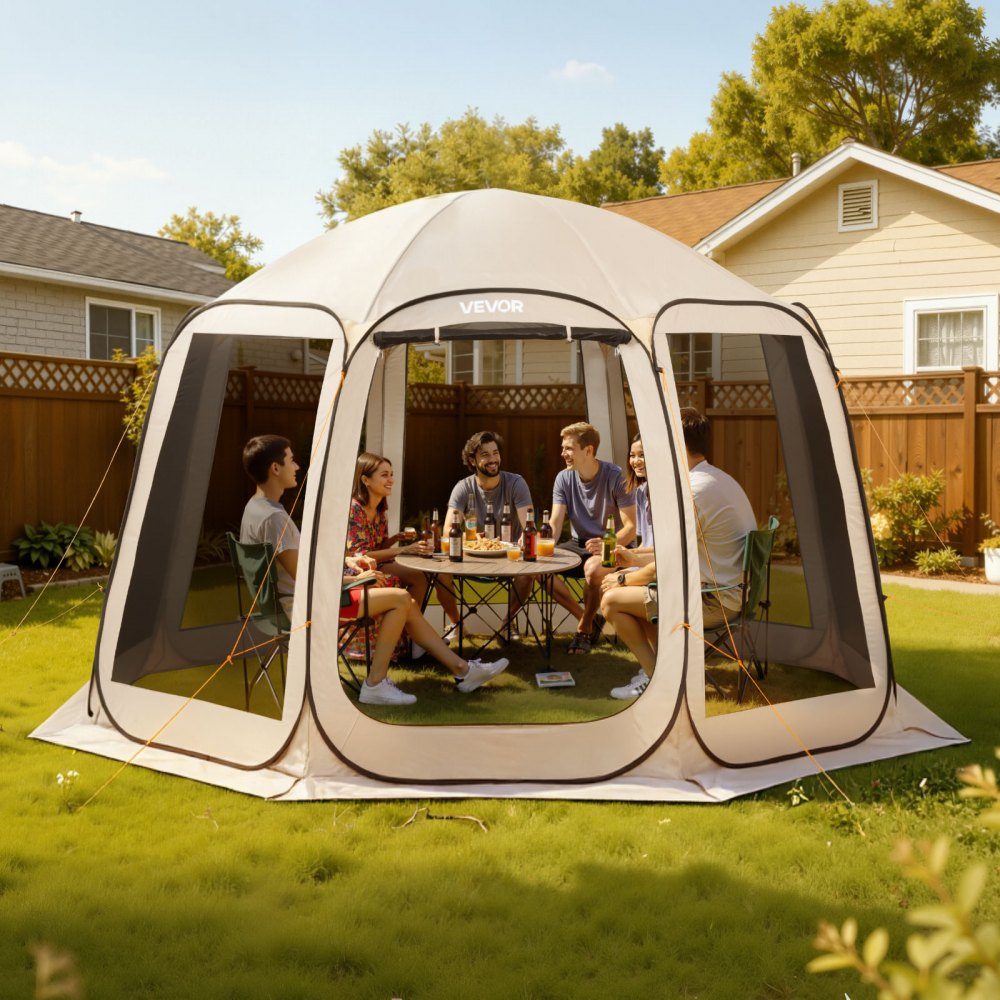 Pop Up Tent 144" x 134" Portable Camping Tent for 10-12 People with Net, Carry Bag, Side Walls and Pegs for Garden, Patio and Outdoor Activities, Beige