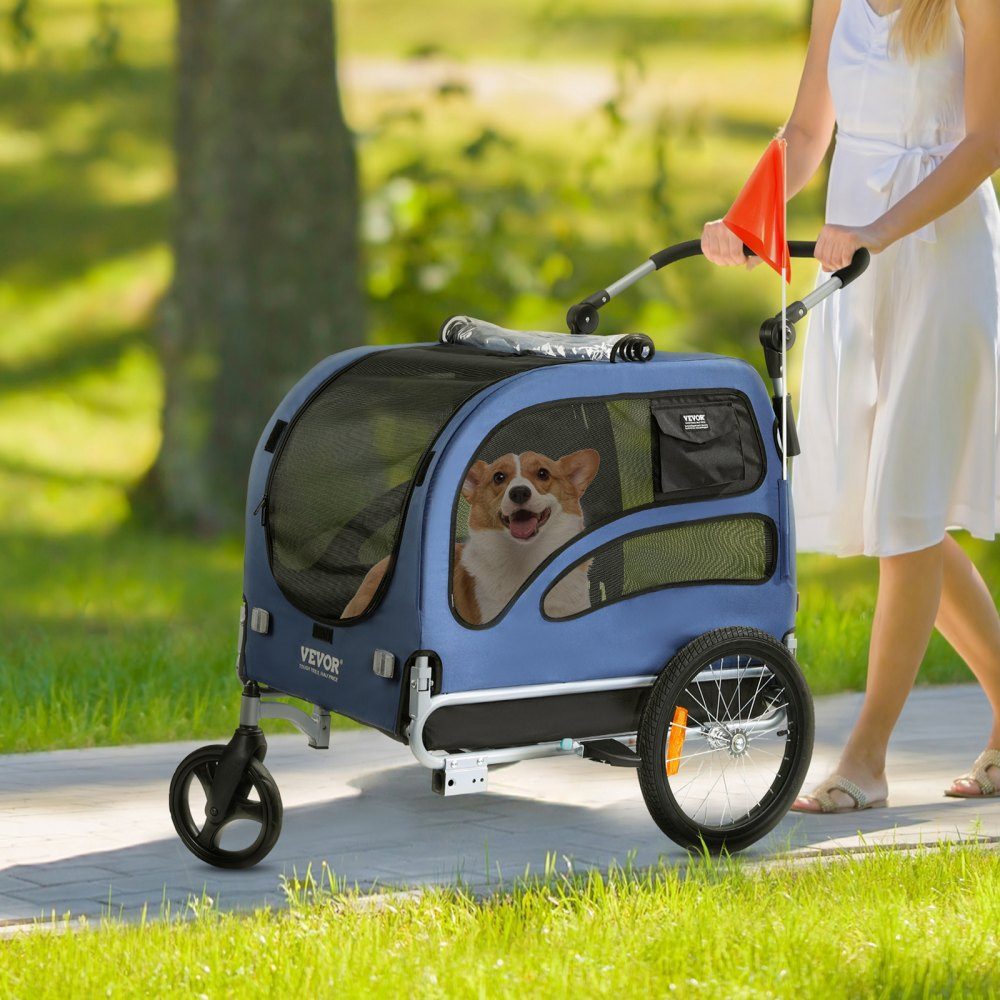 Hundeanhänger 45 kg 2-in-1 Fahrradanhänger Kohlenstoffstahl + 600D Oxford-Gewebe + PP faltbar 1440 x 725 x 845 mm als Anhänger 1320 x 725 x 920 mm als Kinderwagen Hundebuggy Jogger Anhänger Blau