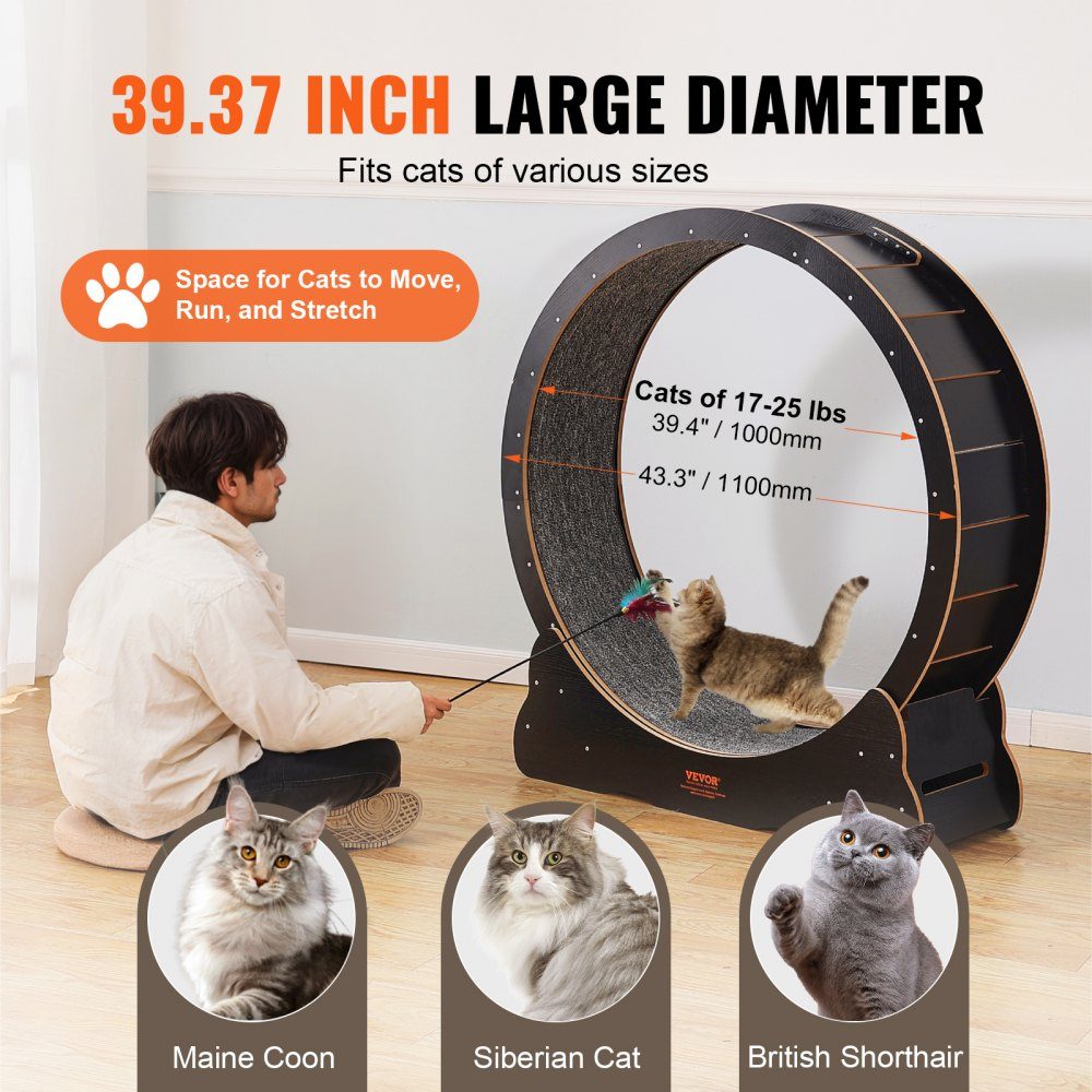 Katzenlaufrad aus Holz, 110 cm großes Katzenlaufband für Hauskatzen, Katzenlaufrad mit abnehmbarem Teppich und Katzenangel zum Laufen/Gehen/Training, geeignet für die meisten Katzen, Schwarz
