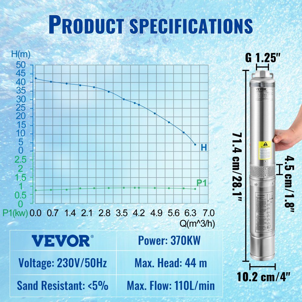 Pompe de puits profond de 101,6 mm Pompe de puits de 370 W Pompe submersible de 110 L/min Hauteur maximale de 44 m Pompe à tuyau Pompe à sable 230 V 50 Hz Pompe à eau en acier inoxydable Pompe 0-40 °C