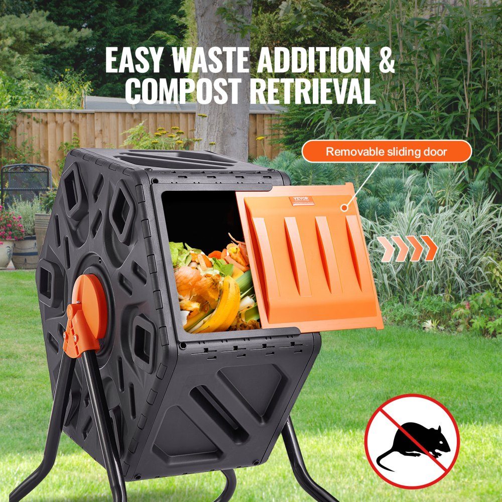 Trommelcomposter Tumbler 70 L, trommelcomposter 360° draaibaar Multifunctionele trommelcomposter 605 x 510 x 730 mm, 20 kg Robuuste tuincomposter incl. handschoenen