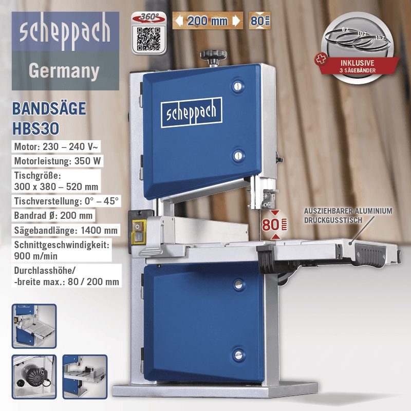 Band saw HBS30 scheppach - 230-240V 50Hz 350W - 80mm