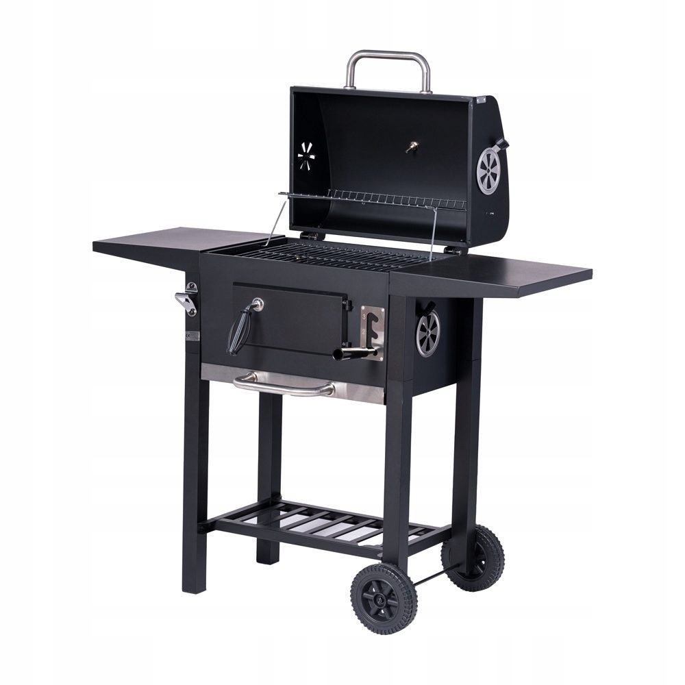 BBQ-Holzkohlegrill-Smoker-Set mit Deckel, höhenverstellbar, 2 Seitenablagen