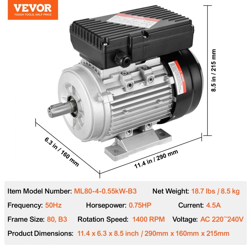 0,55 kW Elektromotor 1400 U/min AC 220–240 V 4,5 A 80 B3 Rahmen Luftkompressormotor einphasig 19 mm Keilwelle Rechts-/Linksdrehung für landwirtschaftliche Maschinen und allgemeine Geräte