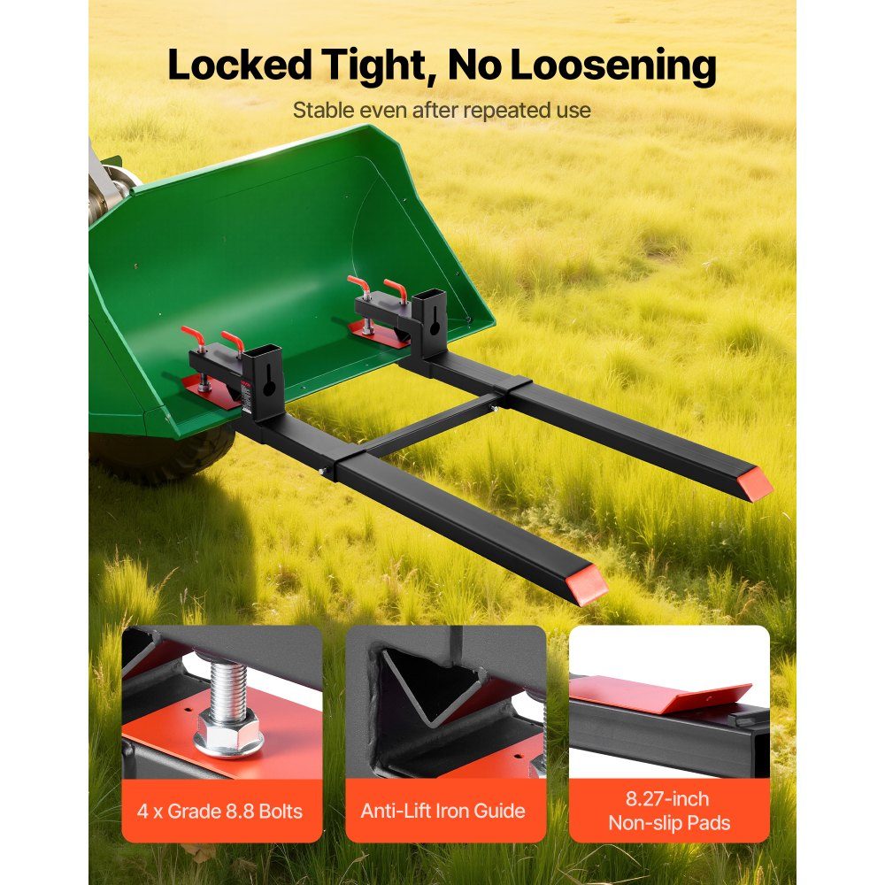 Pallet Forks, 1814kg Clip-On Fork Carrier, 1490mm Overall Length, Forks with Adjustable Stabilizer Bar for Tractor Attachments, Loader Bucket and Skid Steer Loader, Black