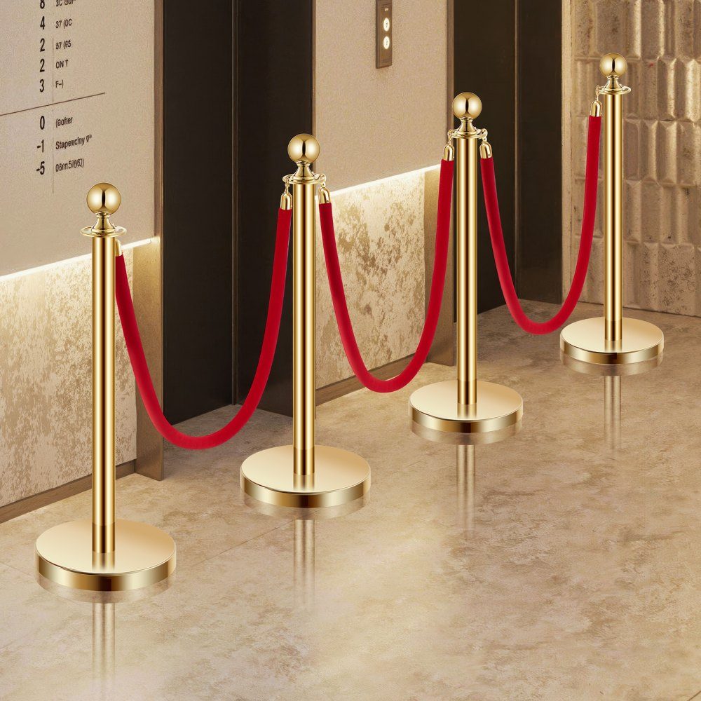 Absperrpfosten Absperrung (8 Stück) zur Massenkontrolle mit 6 roten Samtseilen (1,5 m lang), Absperrständer aus Edelstahl mit nachfüllbarer Basis für Ausstellungen Golden