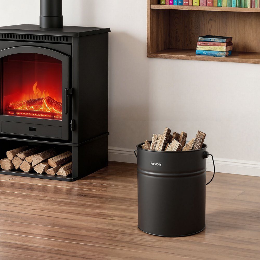 Ash bucket with lid, 4-piece set, including charcoal bucket, shovel, broom & gloves, fireplace charcoal bucket & ash can made of metal, 15 L capacity for fireplaces, fireplaces, wood stoves