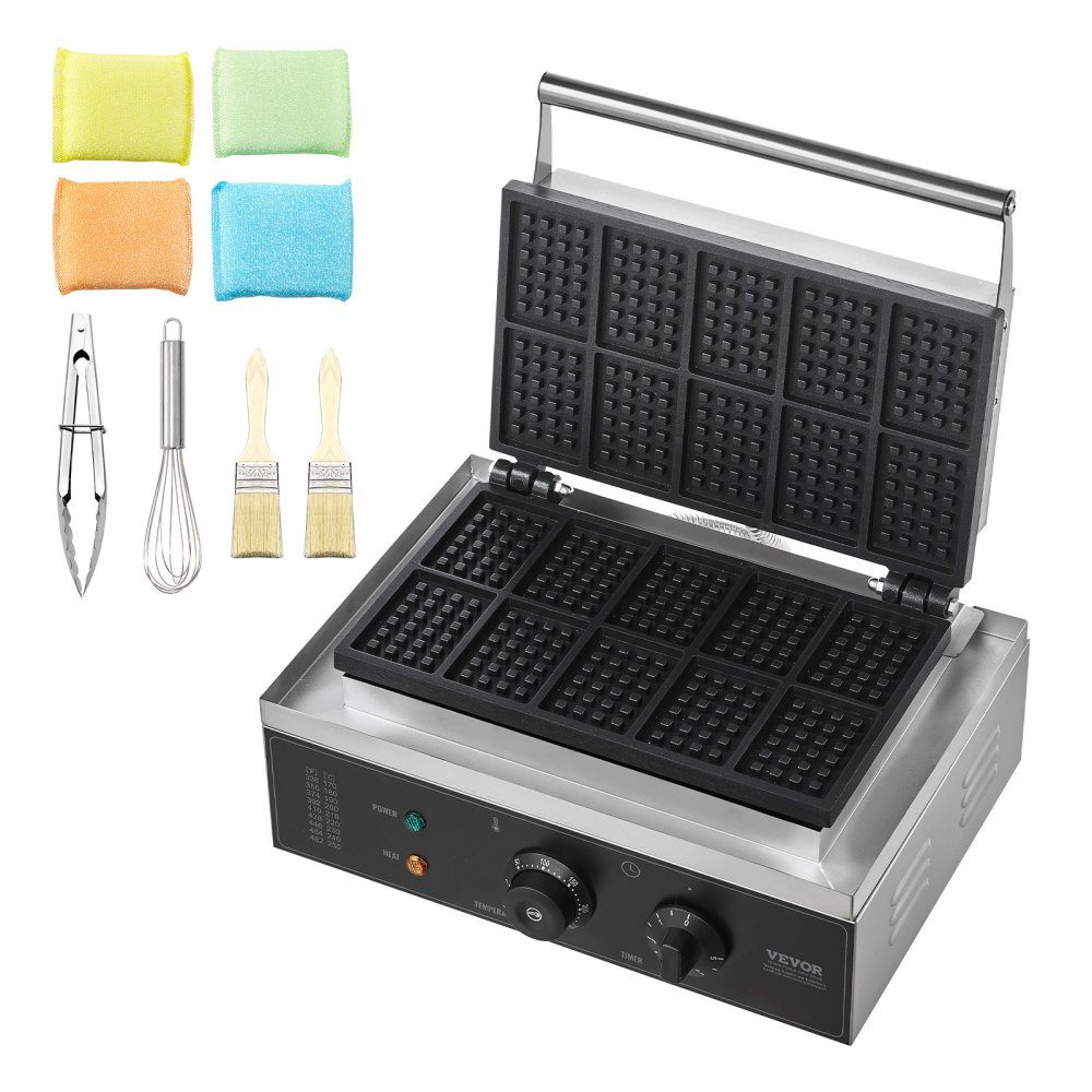Kommerzielles Waffeleisen, 1550 W, antihaftbeschichtetes Waffeleisen aus Edelstahl mit Temperatur- und Zeitkontrollgriff, für Restaurant, Bäckerei, Snackbar, Familie, 10 rechteckige Waffeln