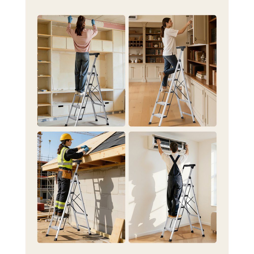 Step Ladder 5 Steps, Folding Ladder with Anti-Slip Steps & Comfortable Handle, Household Ladder Load Capacity 150kg, Aluminum Safety Ladder for Kitchen, Warehouse, Home & Office, Silver