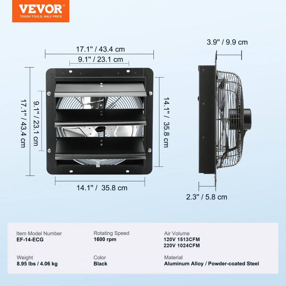 356mm Exhaust Fan Temperature Humidity Controller EC Motor 1024 CFM Wall Mount Variable Speed ​​Control Fan Ventilation and Cooling for Greenhouse Garage