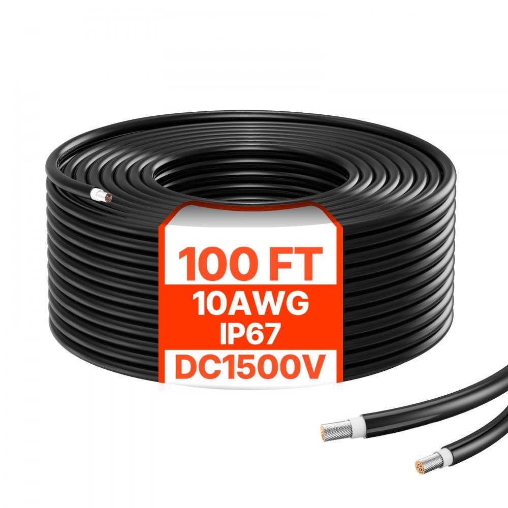 100ft Solar Cable, Solar Panel Cable, 10AWG Solar Extension Cable, IP67 Waterproof PV Cable for Home Solar Panels, -40 to 105℃, Ships and RVs, Black