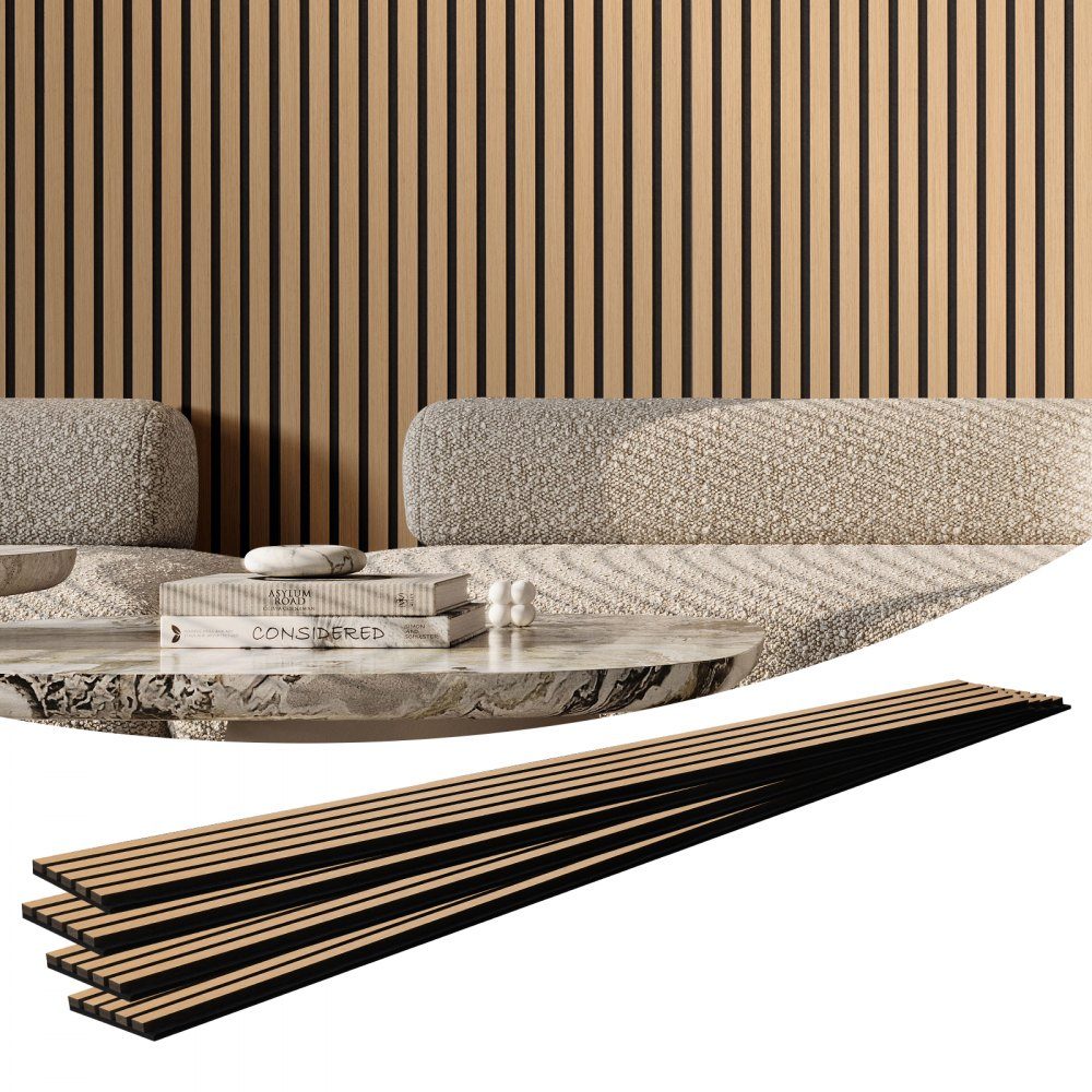 Acoustic Panels Acoustic Panels 2400x200mm MDF Accent Wooden Wall Panels for Modern Interior Wall Decoration Faux Wood Wall Panels for Noise Reduction Light Oak Set of 4