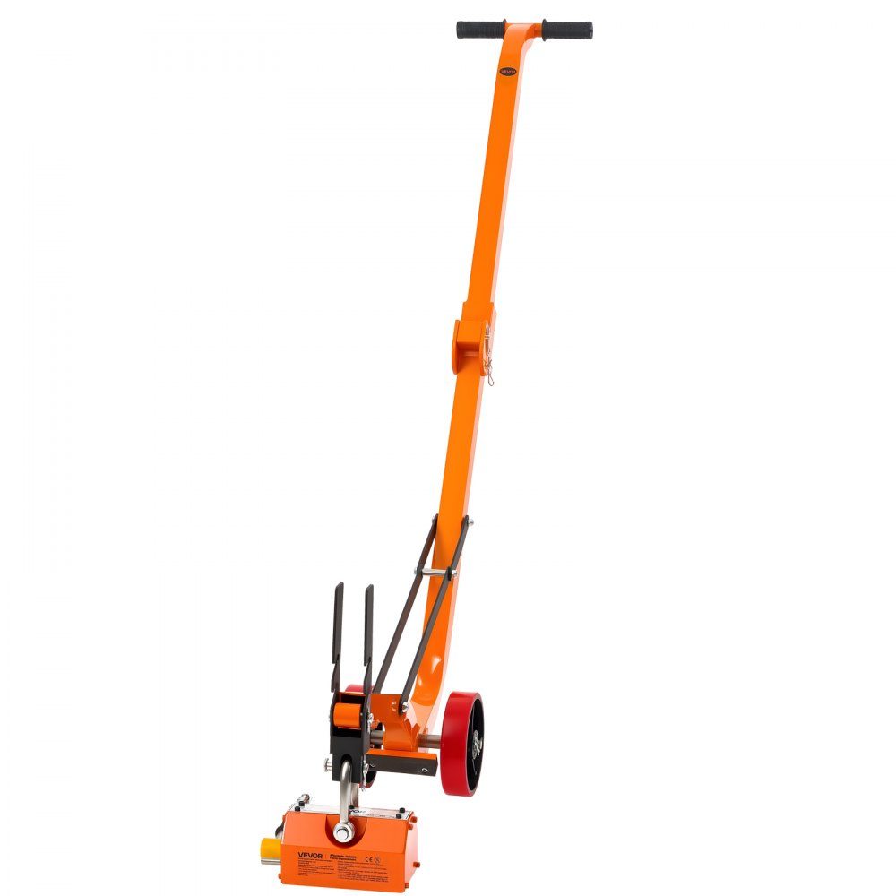 Load lifting magnet permanent magnet lifter with chassis, 600 kg pulling force, steel chassis with heavy-duty magnetic lifter & 2 wheels & adjustable handle, for lifting manhole covers
